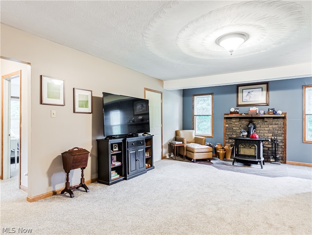 2700 Old Forge Road Kent, OH 44240 - Photo 7 of 34 Living room featuring a textured ceiling, carpet floors, and a wood stove