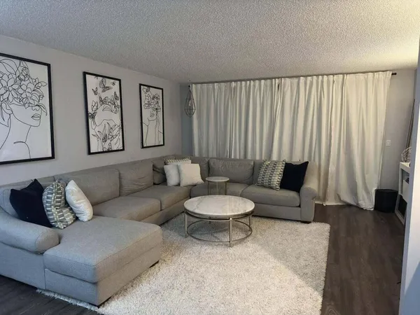 a living room with furniture and a potted plant