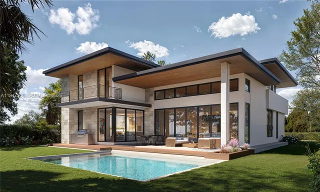 a view of a house with swimming pool and a yard