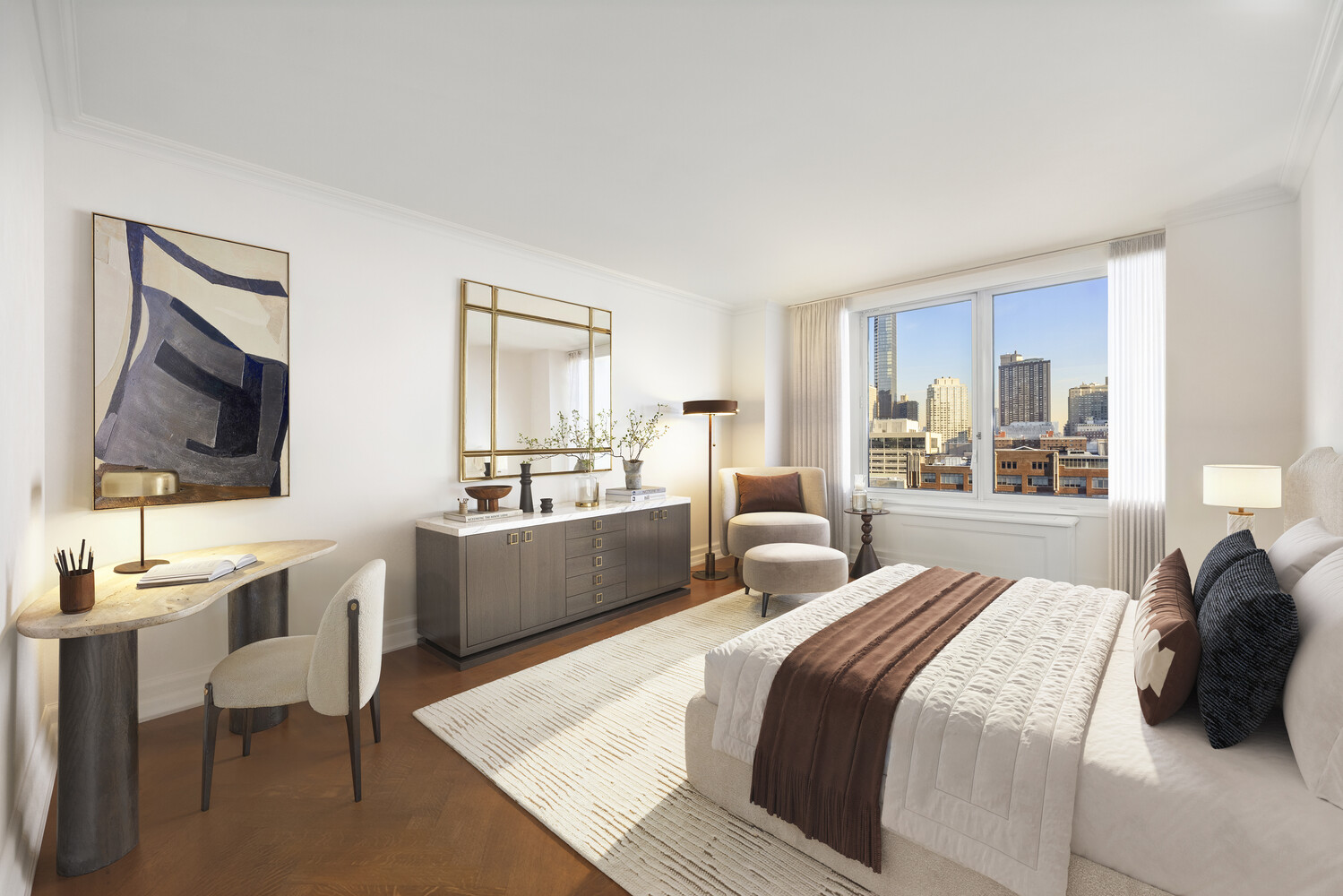 80 Riverside Boulevard, Unit 15B Manhattan, NY 10069 - Photo 11 of 26 a large bedroom with a bed and a flat screen television