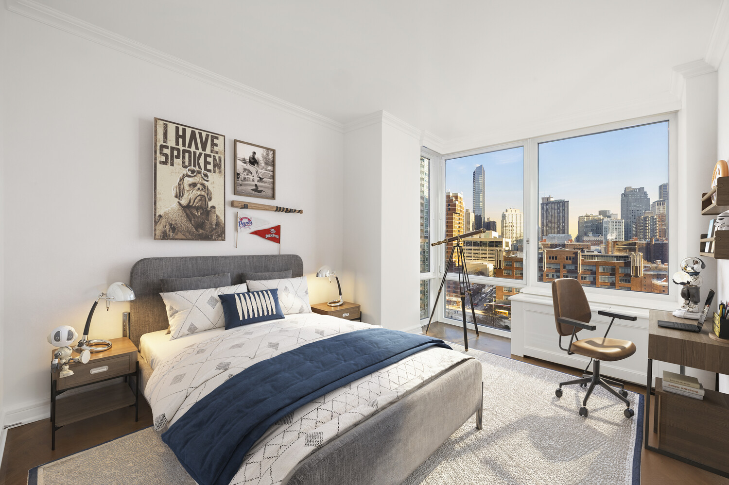 80 Riverside Boulevard, Unit 15B Manhattan, NY 10069 - Photo 17 of 26 a bedroom with a bed city view and a large window