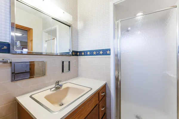 a bathroom with a sink and a mirror