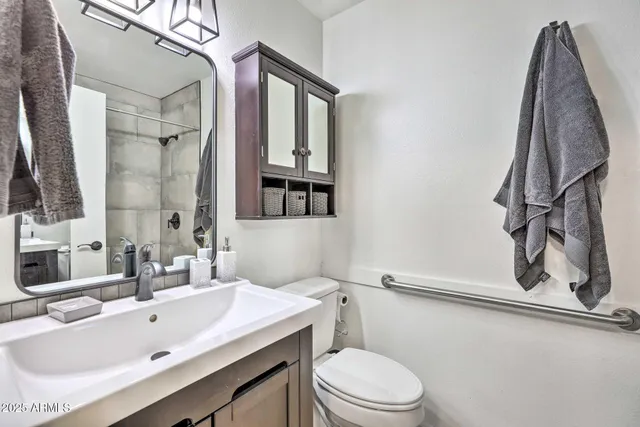 a bathroom with a sink a toilet and a mirror