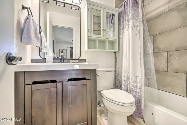 a bathroom with a sink a toilet a mirror and shower