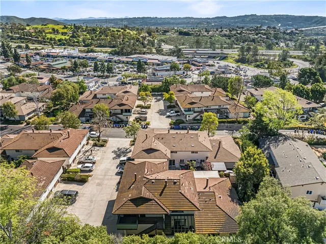 an aerial view of a swimming pool