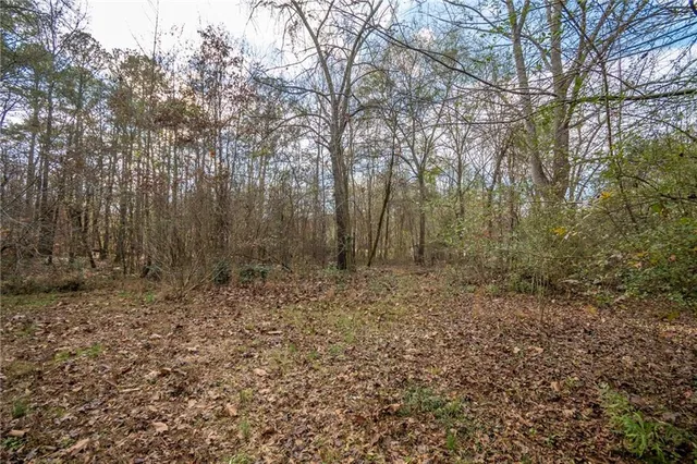 a backyard of a house with large trees and outdoor seating