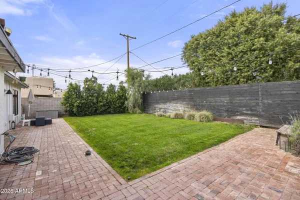 a view of a garden with a tree in the background