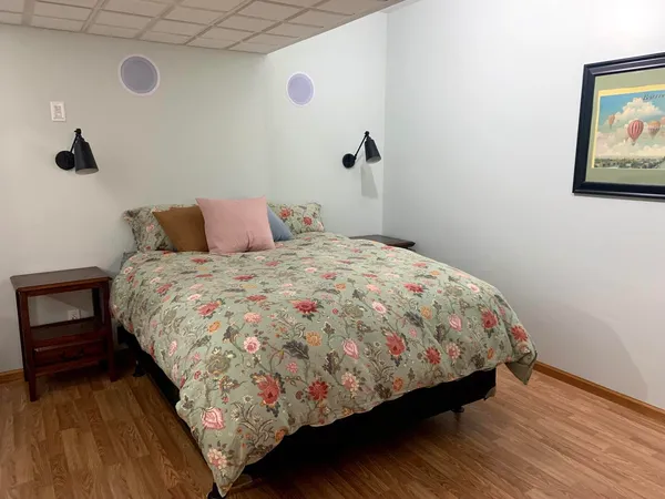 a view of workspace with wooden floor