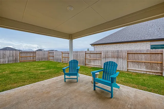 a garden view with a seating space