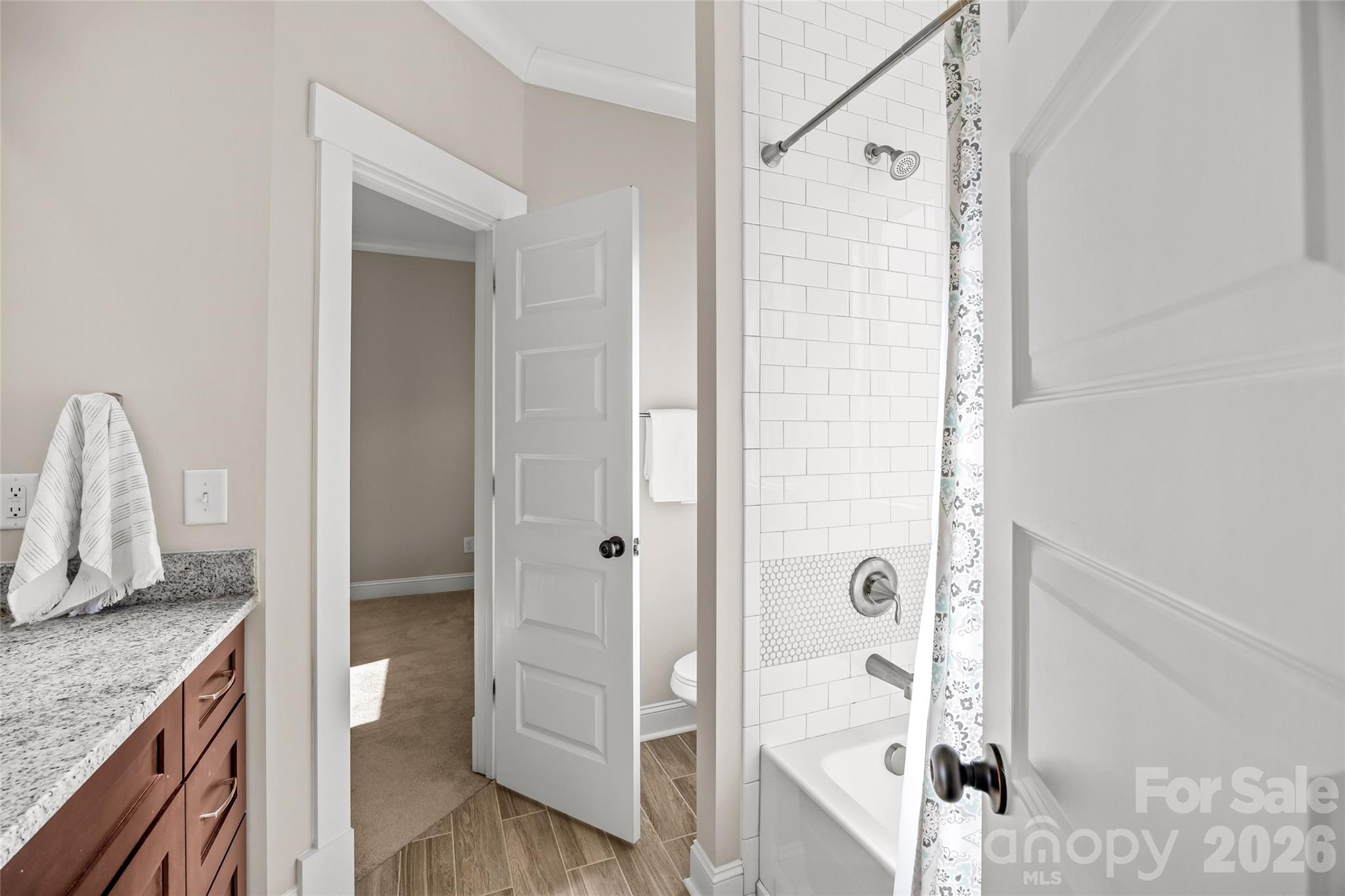 1728 Burgin Street Charlotte, NC 28205 - Photo 30 of 43 a bathroom with a granite countertop sink a mirror and shower