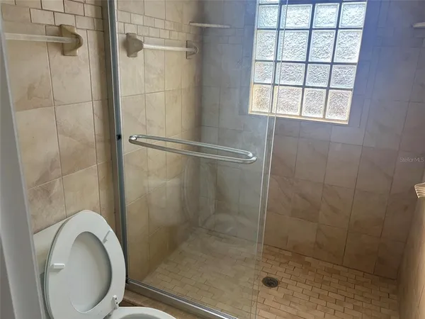 a bathroom with a shower and toilet