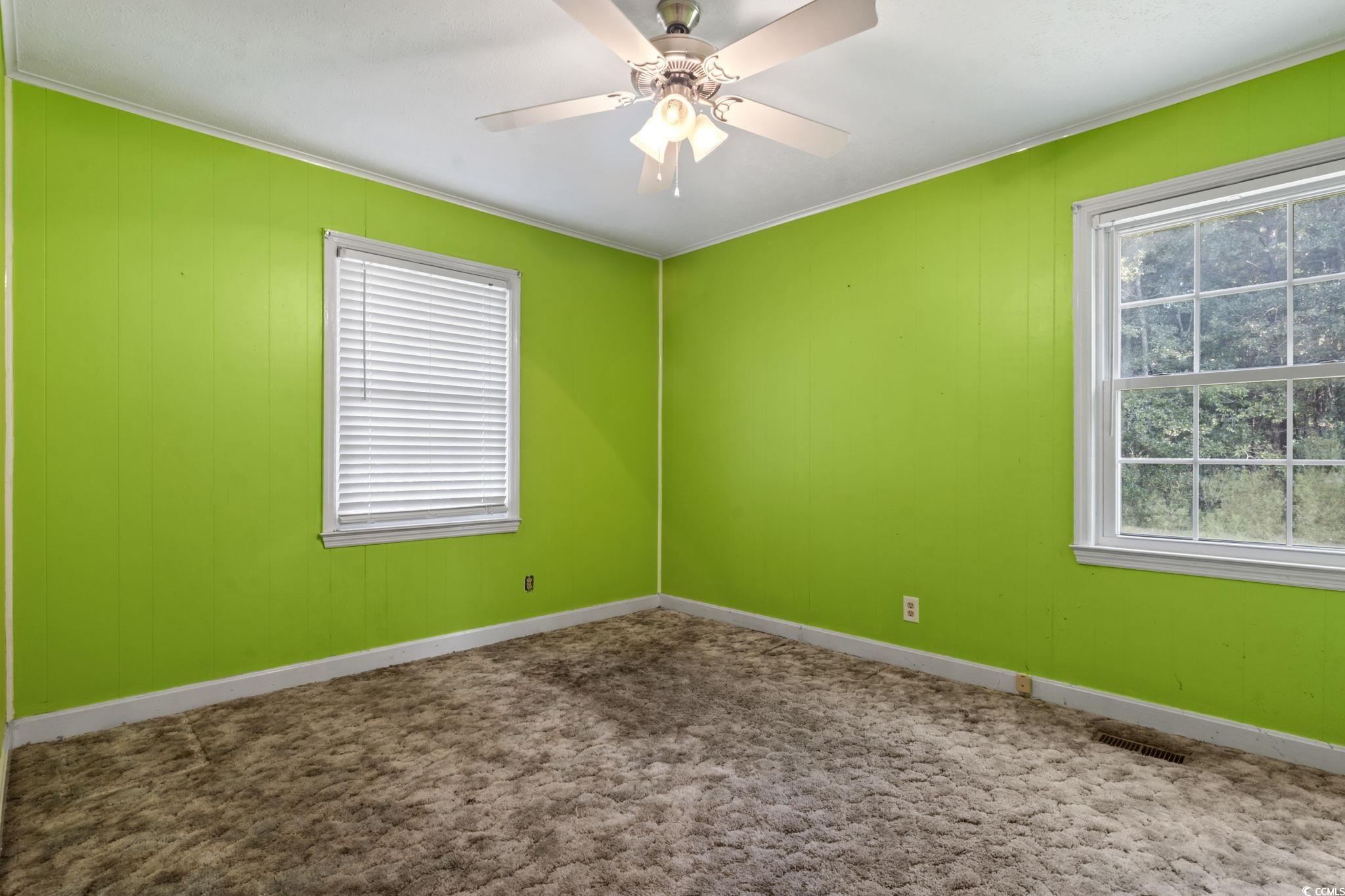 6971 Alfred Road Aynor, SC 29511 - Photo 20 of 37 Carpeted spare room with crown molding, a ceiling fan, and wood walls