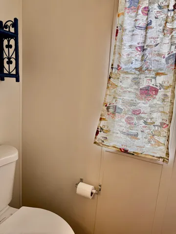 a bathroom with a toilet and a shower curtain