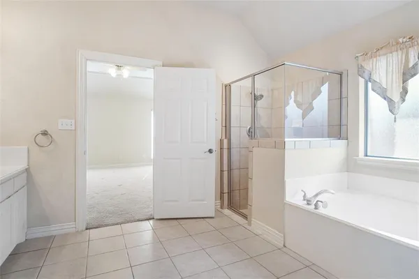 a bathroom with a bathtub and a shower