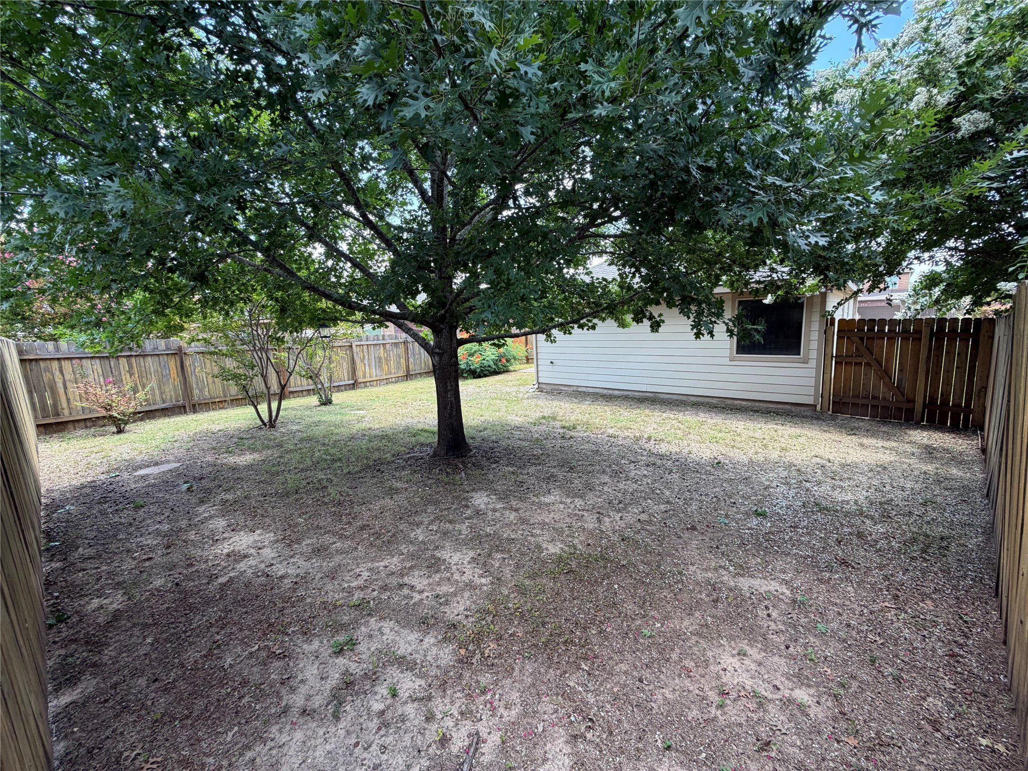 112 Eagle Owl Loop Leander, TX 78641 - Photo 26 of 35 A fully fenced yard offers a private outdoor retreat with mature trees.