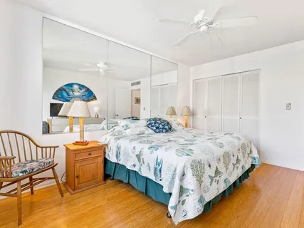 a bedroom with a bed a chair and potted plant on the dresser