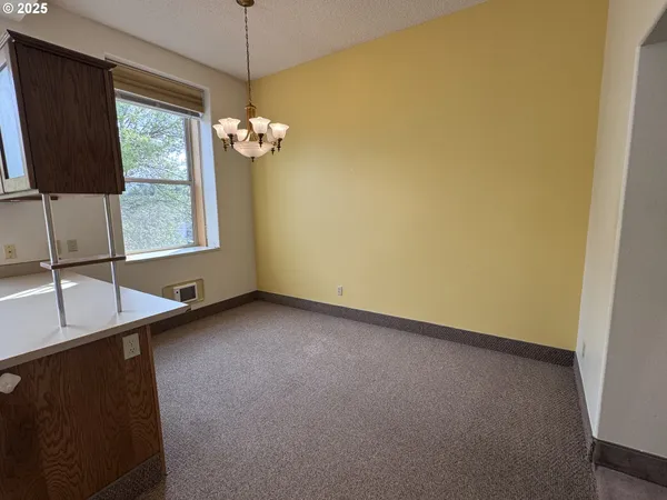 a view of a room with a chandelier fan and windows