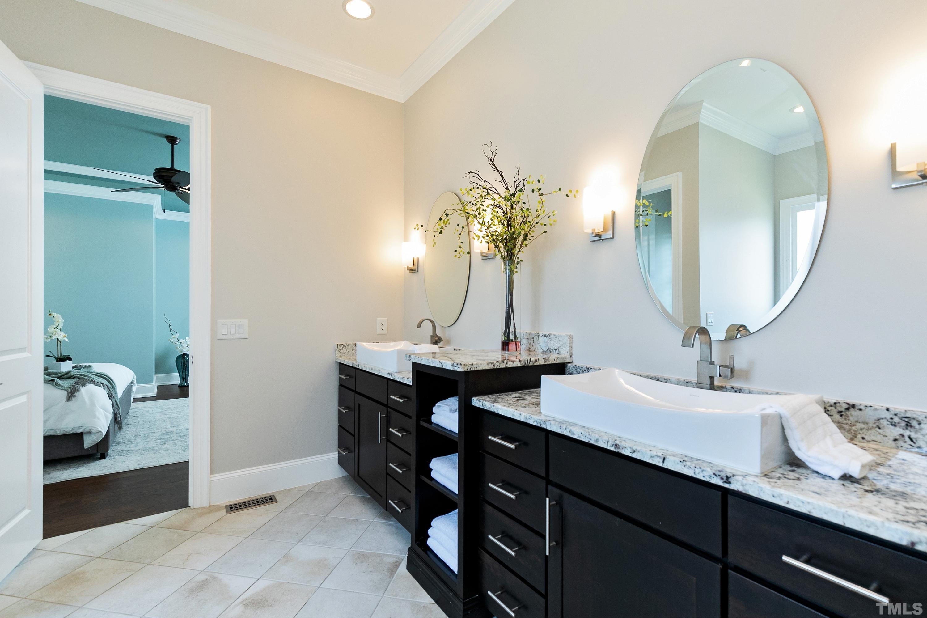 302 Michelangelo Way Cary, NC 27518 - Photo 26 of 44 a bathroom with a granite countertop sink a mirror and a potted plant