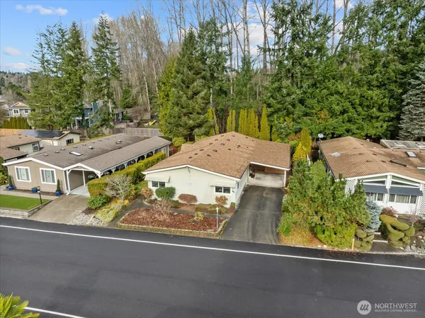 an aerial view of a house with a yard potted plants and large tree