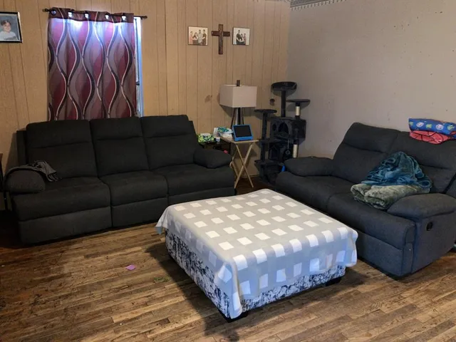 a living room with furniture window and a wooden floor