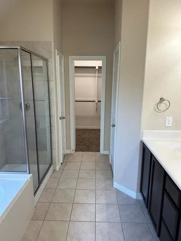 a bathroom with a shower and a sink