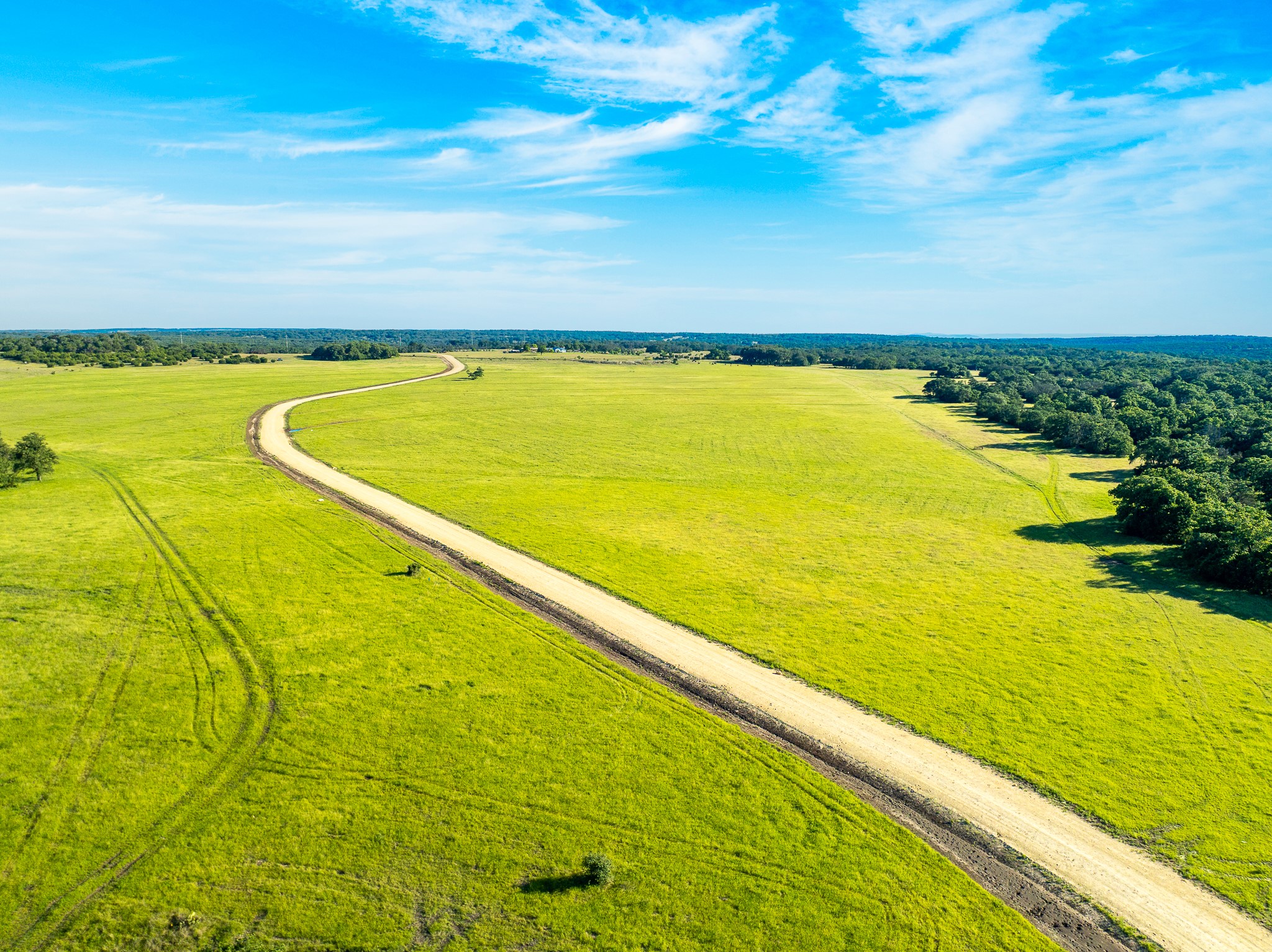 32 Feild Ranch Road Burnet, TX 78611 - Photo 4 of 40 A winding path cuts through vibrant green pastures, leading to distant woodlands under a vast blue sky.