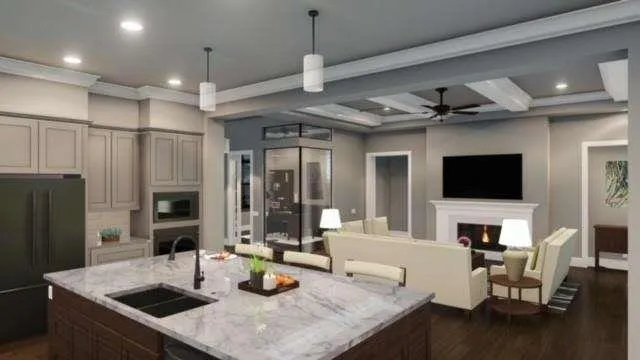 a living room with furniture and a floor to ceiling window