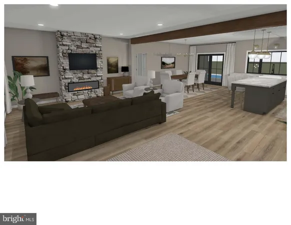 a living room with stainless steel appliances kitchen island granite countertop a stove a sink a dining table and chairs