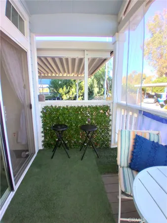 a garden view with a seating space