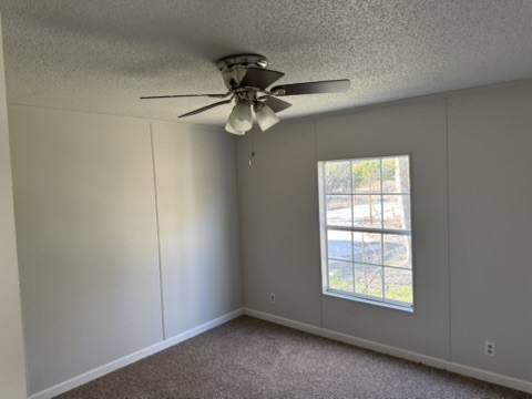 3035 County Road 255 Georgetown, TX 78633 - Photo 17 of 23 Empty room featuring a textured ceiling, dark carpet, a decorative wall, and a ceiling fan
