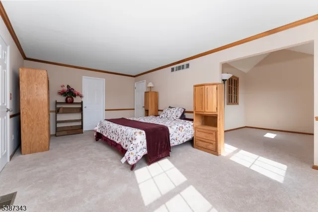 a spacious bedroom with a bed and a walk in closet