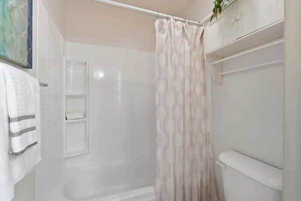 a bathroom with a shower curtain and toilet