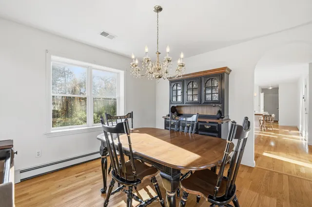 a view of a dining room with furniture window and wooden floor