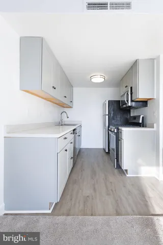 a kitchen with a sink a stove and cabinets