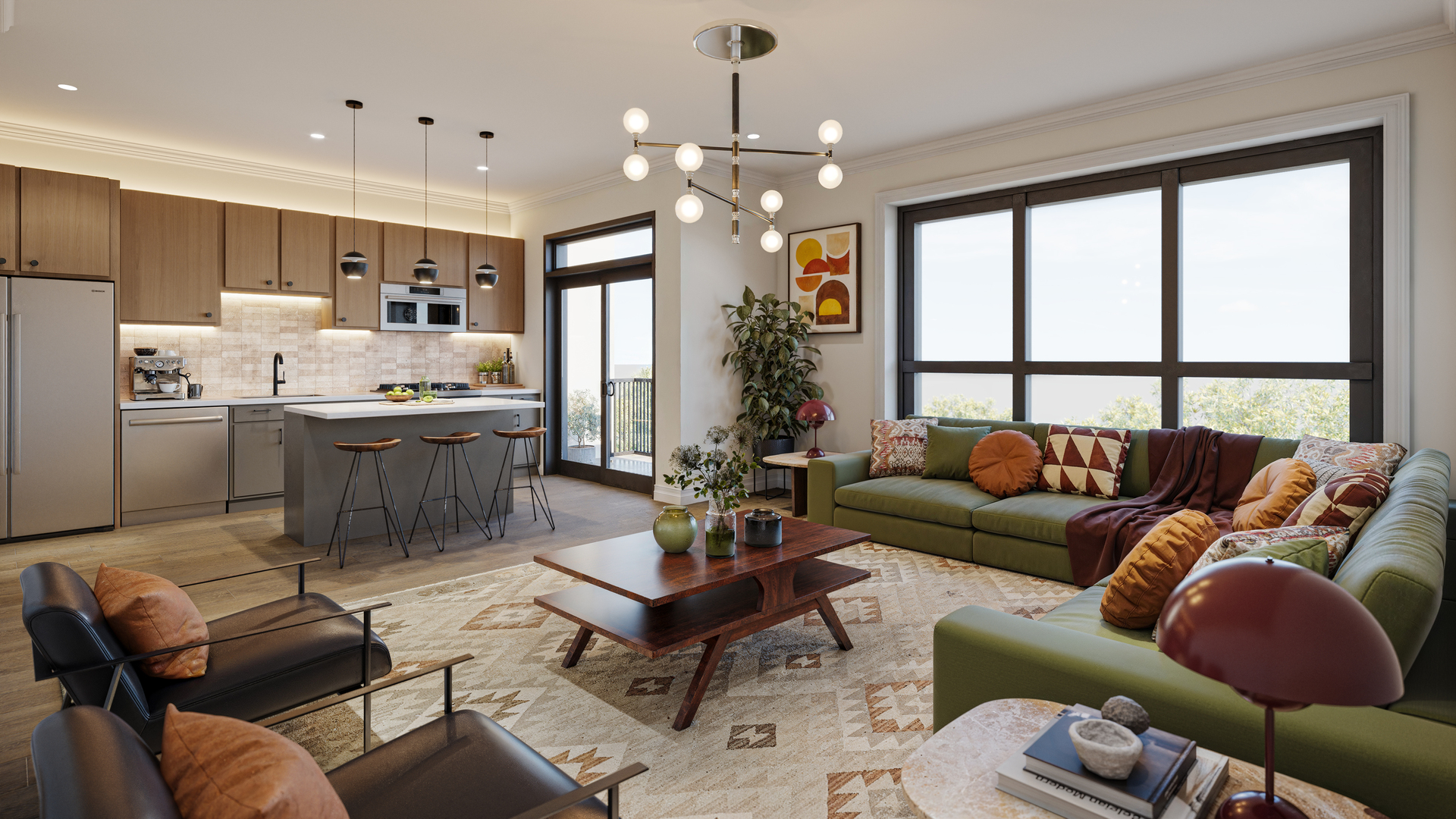 224 South Ashland Avenue, Unit 207 Chicago, IL 60607 - Photo 2 of 7 a living room with furniture kitchen and a chandelier