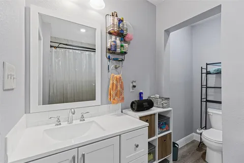 a bathroom with a sink a toilet and a mirror