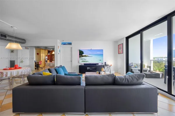 a living room with furniture and a large window