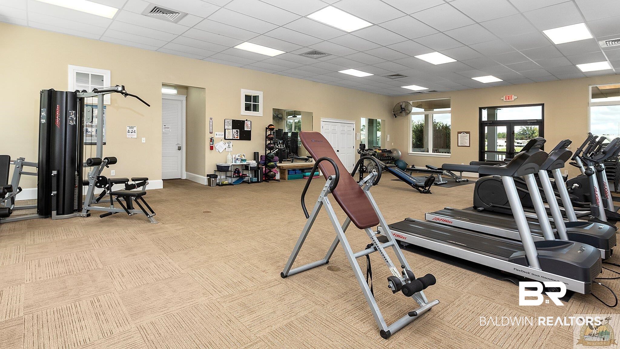 28058 Migratory Way, Unit 100 Elberta, AL 36530 - Photo 75 of 83 Gym featuring baseboards, a paneled ceiling, visible vents, and light colored carpet