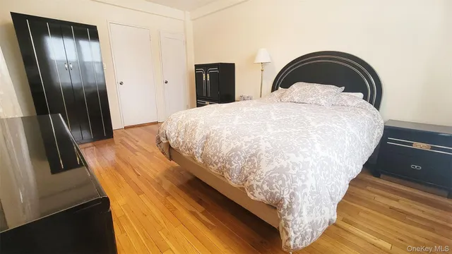 a bedroom with a bed and a closet