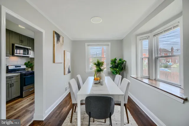 a view of a dining room with furniture window and wooden floor