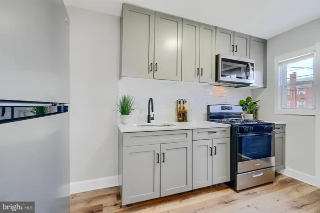 a kitchen with white cabinets and a wooden floor