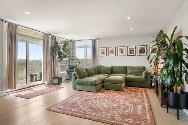 a living room with furniture and a potted plant