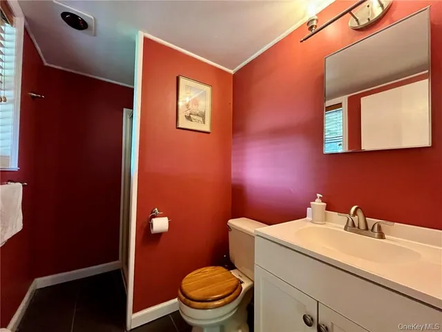 a bathroom with a sink a toilet and mirror