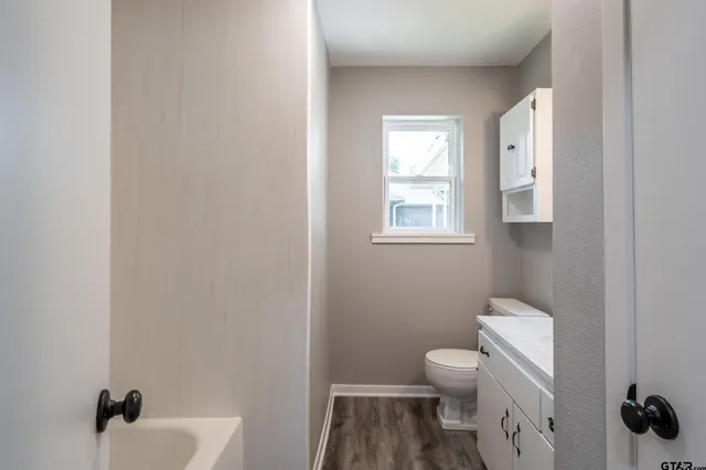 a bathroom with a toilet a sink and mirror