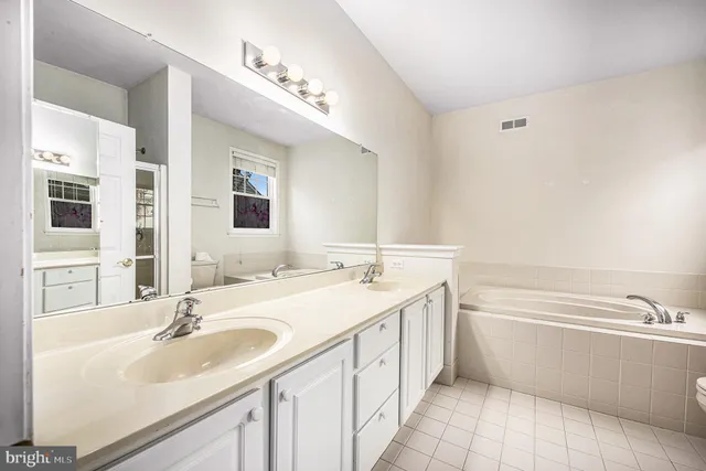 a bathroom with a sink double vanity granite tub shower and a mirror