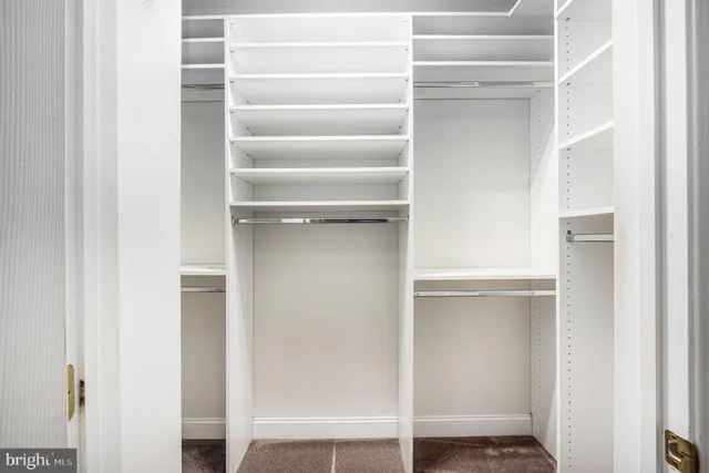 a view of walk in closet with empty racks