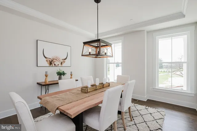 a dining room with furniture a rug and wooden floor