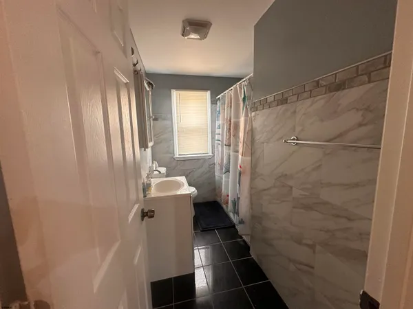 a bathroom with a shower and toilet