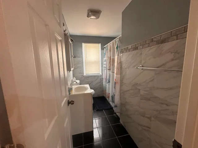 a bathroom with a shower and toilet