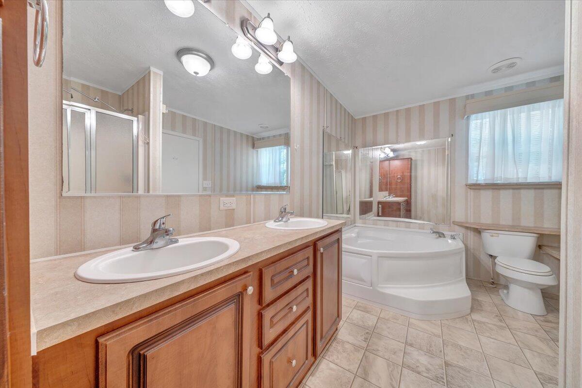 460 White Oak Road Boones Mill, VA 24065 - Photo 32 of 45 a spacious bathroom with a granite countertop sink a toilet a mirror and shower